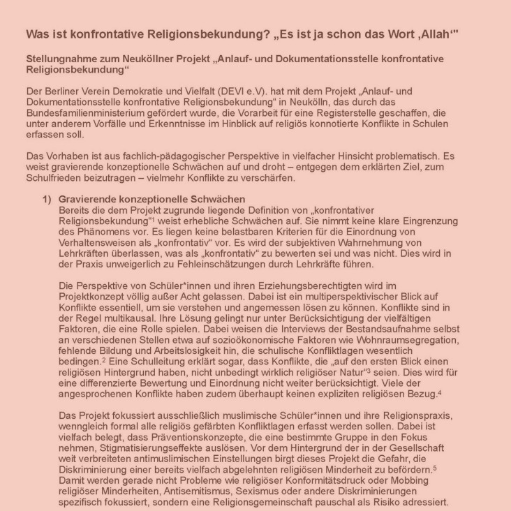 Stellungnahme zum Neuköllner Projekt „Anlauf- und Dokumentationsstelle konfrontative Religionsbekundung“